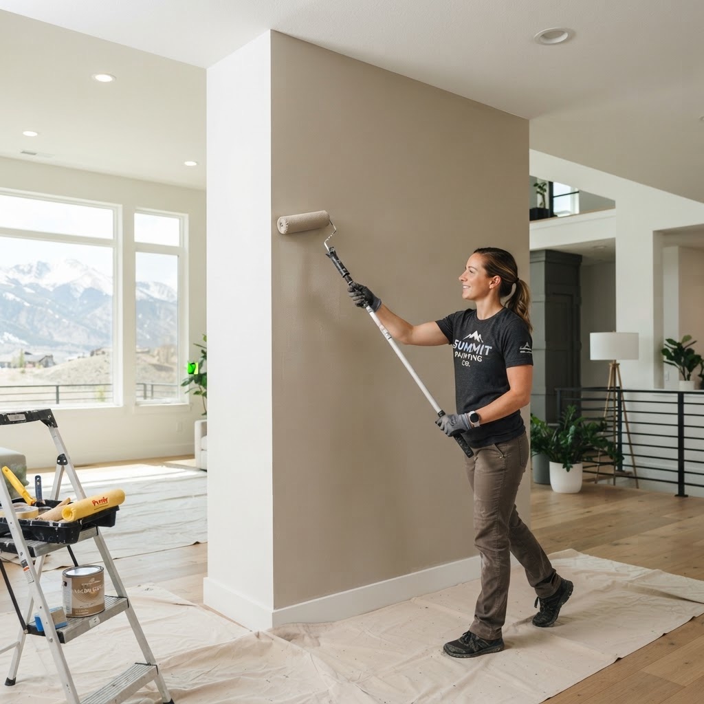 Professional painter rolling paint onto an interior wall